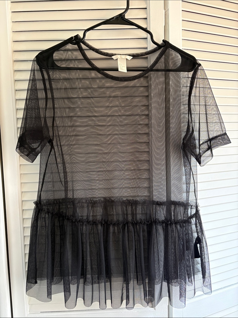 H&M Black Sheer Mesh Ruffle-Hem Short Sleeve Top